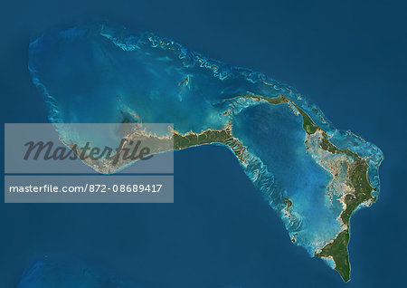 Satellite view of Grand Bahama and Abaco Islands, Bahamas. This image was compiled from data acquired by Landsat satellites.