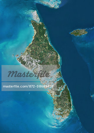 Satellite view of Andros Islands and New Providence, Bahamas. New Providence is the most populous island in the Bahamas and it houses the capital city of Nassau. This image was compiled from data acquired by Landsat satellites.