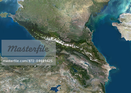 Satellite view of the Caucasus. This image was compiled from data acquired in 2014 by Landsat 8 satellite.