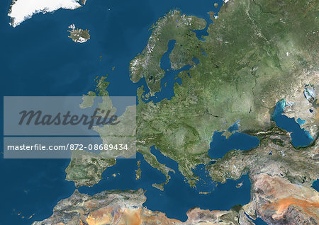 Satellite view of Europe. This image was compiled from data acquired by Landsat 7 & 8 satellites.