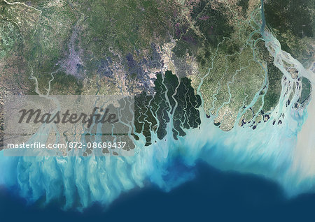 Satellite view of the Ganges River Delta, Bangladesh, India. Also known as the Brahmaputra Delta, it empties into the Bay of Bengal. Kolkata sits within the lower Ganges Delta along the Hooghly River (at west on the image). This image was compiled from data acquired in 2014 by Landsat 8 satellite.