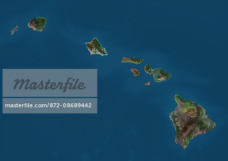 Satellite view of the State of Hawaii, USA. The main islands are Kauai, Oahu, Maui and the Island of Hawaii. This image was compiled from data acquired by Landsat 8 satellite in 2014.