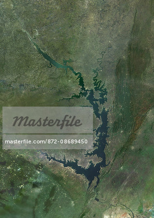 Satellite view of Lake Volta, in Ghana. It is the largest reservoir by surface area in the world, and the fourth largest by volume. This image was compiled from data acquired by Landsat satellites. Satellite view of Lake Volta, in Ghana. It is the largest reservoir by surface area in the world, and the fourth largest by volume. This image was compiled from data acquired by Landsat satellites.