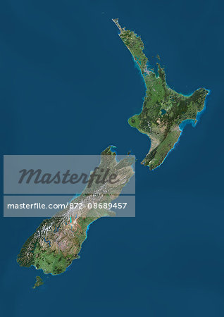 Satellite view of New Zealand. This image was compiled from data acquired by Landsat 8 satellite in 2014.