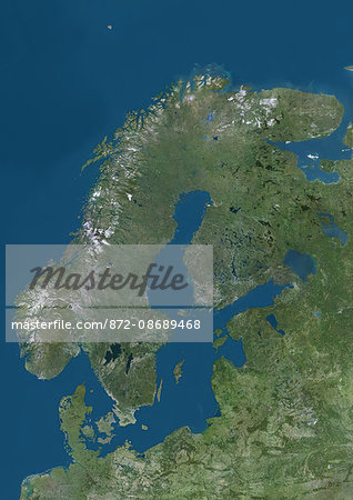 Satellite view of Northern Europe showing Scandinavia and the Baltic States. This image was compiled from data acquired by LANDSAT 7 & 8 satellites.