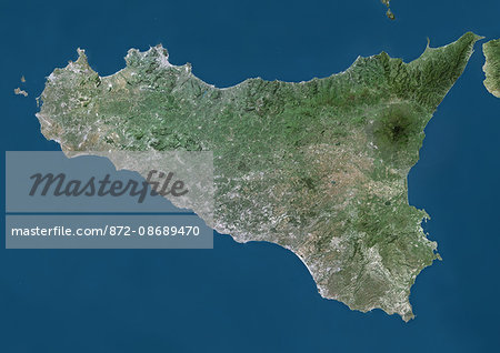 Satellite view of Sicily, Italy. Mount Etna, on the East coast of Sicily, is the largest active volcano in Europe. This image was compiled from data acquired by Landsat satellites.