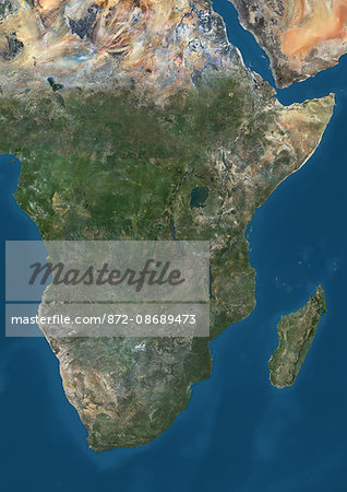 Satellite view of Southern Africa. It shows the African Great Lakes region. This image was compiled from data acquired by Landsat 7 & 8 satellites.