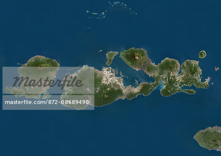 Satellite view of West Nusa Tenggara Province, Indonesia (with country boundaries and mask). The image shows the two largest islands in the province which are Lombok in the west and the larger Sumbawa island in the east. This image was compiled from data acquired by Landsat satellites.