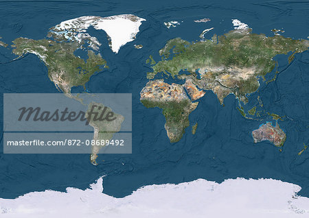 True natural colour satellite image of the Earth, showing ocean depths. This image was compiled from data acquired by Landsat satellites.