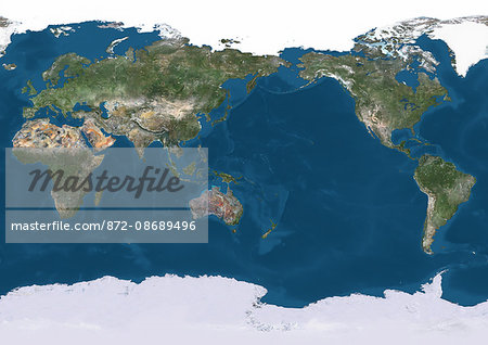 True natural colour satellite image of the Earth, centred on the Pacific ocean and with Arctic ice cap. This image was compiled from data acquired by Landsat satellites.