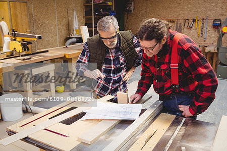 Focused duo of carpenter looking the plan in a workshop