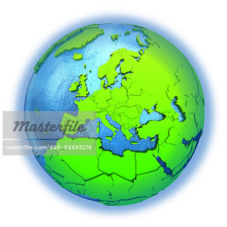 Europe on elegant green 3D model of planet Earth with realistic watery blue ocean and green continents with visible country borders. 3D illustration isolated on white background.