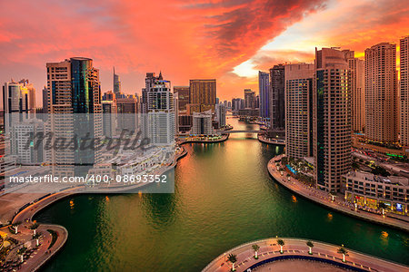 Scenic view of Dubai Marina in UAE at sunset