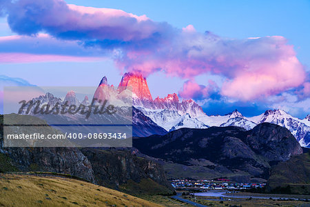 Mount Fitz Roy and El Chalten Village at sunrise