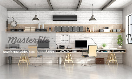 Architecture or engineering workplace office with two workstation in a loft- 3d rendering