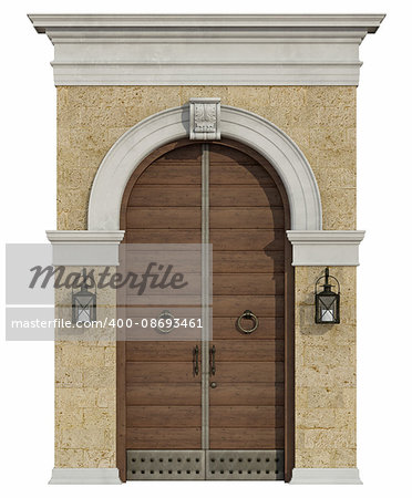 Front view of a medieval arch with old wooden door isolated on withe - 3d rendering