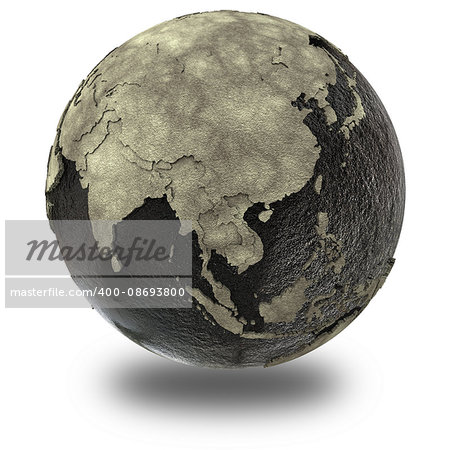 Southeast Asia on 3D model of planet Earth with black oily oceans and concrete continents with embossed countries. Concept of petroleum industry or global enviromental disaster. 3D illustration isolated on white background with shadow.