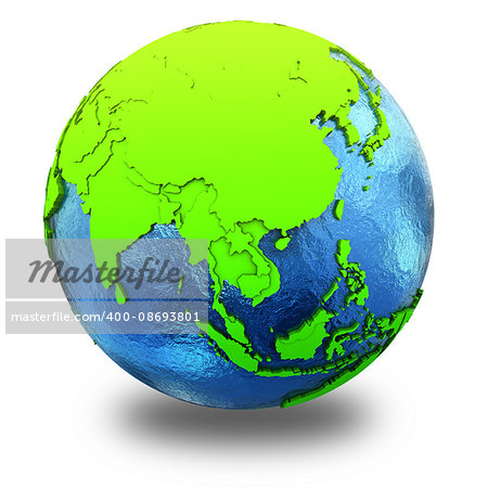 Southeast Asia on elegant green 3D model of planet Earth with realistic watery blue ocean and green continents with visible country borders. 3D illustration isolated on white background with shadow. Southeast Asia on elegant green 3D model of planet Earth with realistic watery blue ocean and green continents with visible country borders. 3D illustration isolated on white background with shadow.