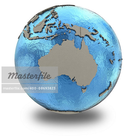 Australia on 3D model of blue Earth with embossed countries and blue ocean. 3D illustration isolated on white background with shadow.