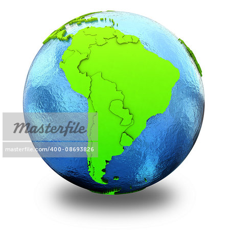 South America on elegant green 3D model of planet Earth with realistic watery blue ocean and green continents with visible country borders. 3D illustration isolated on white background with shadow.