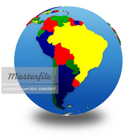 South America on political 3D model of Earth with embossed continents and countries in various colors. 3D illustration isolated on white background with shadow.