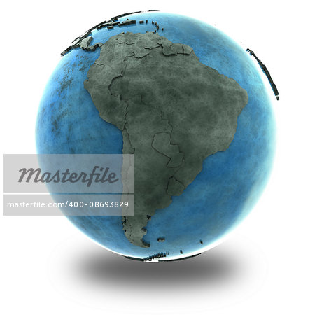 South America on 3D model of planet Earth made of blue marble with embossed countries and blue ocean. 3D illustration isolated on white background with shadow.