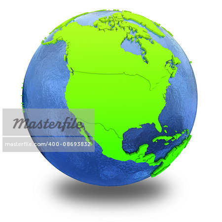 North America on elegant green 3D model of planet Earth with realistic watery blue ocean and green continents with visible country borders. 3D illustration isolated on white background with shadow. North America on elegant green 3D model of planet Earth with realistic watery blue ocean and green continents with visible country borders. 3D illustration isolated on white background with shadow.