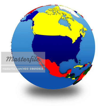 North America on political 3D model of Earth with embossed continents and countries in various colors. 3D illustration isolated on white background with shadow.