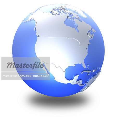 North America on bright metallic model of planet Earth with blue ocean and shiny embossed continents with visible country borders. 3D illustration isolated on white background with shadow.