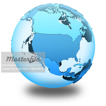 North America on translucent model of planet Earth with visible continents blue shaded countries. 3D illustration isolated on white background with shadow.