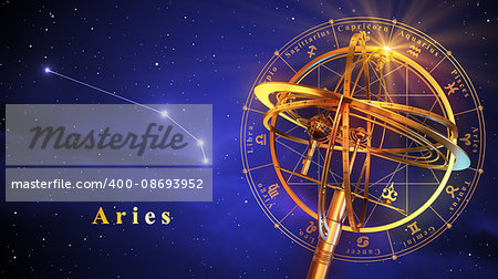 Armillary Sphere And Constellation Aries Over Blue Background. 3D Illustration.