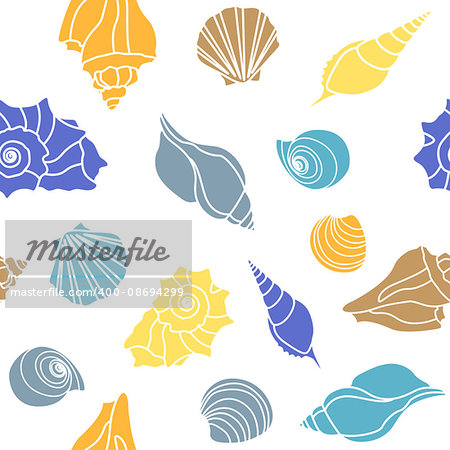 sea shells - scallop, shell, conch and mollusk. Seamless on white