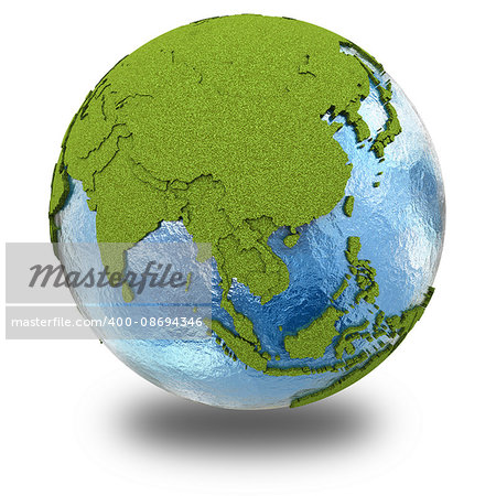 Southeast Asia on 3D model of planet Earth with grassy continents with embossed countries and blue ocean. 3D illustration isolated on white background with shadow.