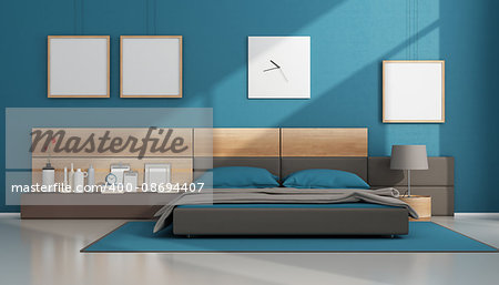 Contemporary bedroom with brown and blue double bed - 3d rendering