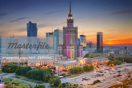 Image of Warsaw, Poland during twilight blue hour.