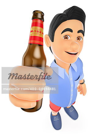 3d young people. Man in shorts with a bottle of beer. Isolated white background.