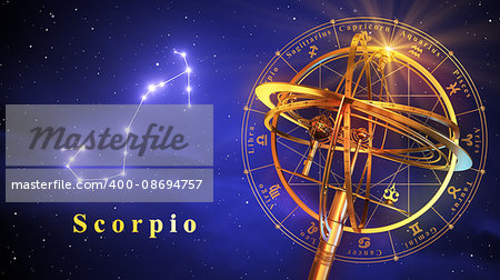 Armillary Sphere And Constellation Scorpio Over Blue Background. 3D Illustration.