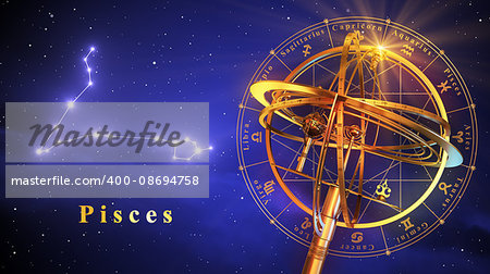 Armillary Sphere And Constellation Pisces Over Blue Background. 3D Illustration.