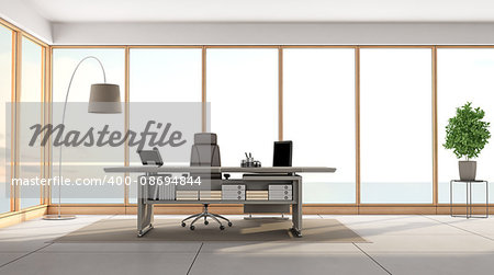 Minimalist office overlooking the sea with leather desk and large windows - 3d rendering