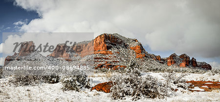 Panoramic view of Red Rocks formations in Sedona, Arizona after snow storm