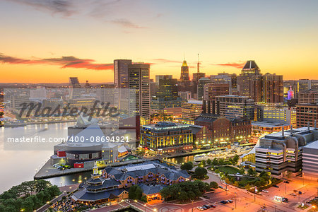 Baltimore, Maryland, USA downtown cityscape at dusk.