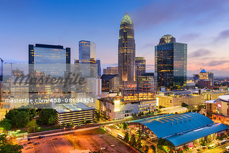 Charlotte, North Carolina, USA uptown cityscape at twilight.