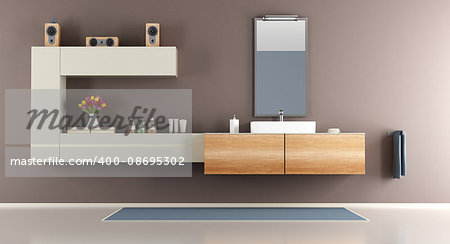 Contemporary brown bathroom with washbasin and mirror - 3d rendering