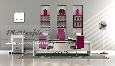 Gray and purple modern office with desk,chairs and multifunction printer - 3d rendering