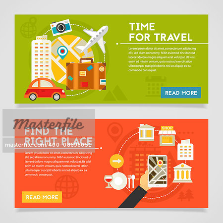 Time for travel and Find the right place concept banners. Horizontal composition, vector illustrations