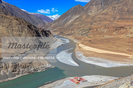 Confluence of River Zanskar and River Indus in Leh, Ladakh Region, India