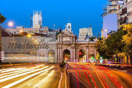 Madrid, Spain cityscape at Puerta de Alcala Gate and Calle de Alcala.