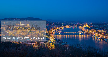 Panoramic View of Budapest and the Danube River as Seen from Gellert Hill Lookout Point at Twilight