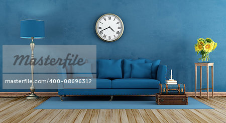 Retro blue living room with elegant sofa,lamp, and sunflower on wooden stand - 3d rendering