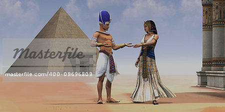 A Pharaoh talks with his queen near a pyramid and temple in the Old Kingdom of Egypt.